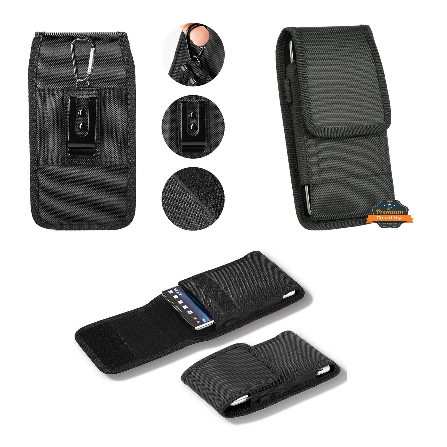 For Apple iPhone 16 (6.1") Universal Pouch Case Vertical Phone Holster Durable Nylon Cover with Belt Clip Loop, Velcro & Hook Carabiner [Black]