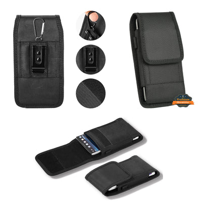 For Apple iPhone 16 (6.1") Universal Pouch Case Vertical Phone Holster Durable Nylon Cover with Belt Clip Loop, Velcro & Hook Carabiner [Black]