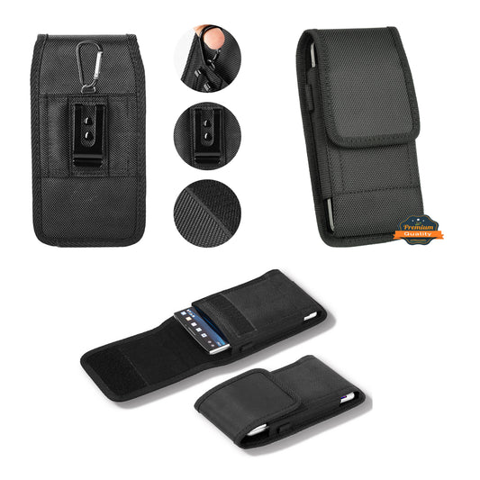 For Apple iPhone 16 (6.1") Universal Pouch Case Vertical Phone Holster Durable Nylon Cover with Belt Clip Loop, Velcro & Hook Carabiner [Black]