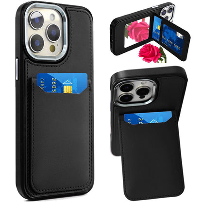 For Apple iPhone 16 Pro (6.3") PU Leather Wallet Cover with Credit Card Holder, Kickstand & Mirror Inside Slim Fit TPU & PC Hybrid Design Case Cover