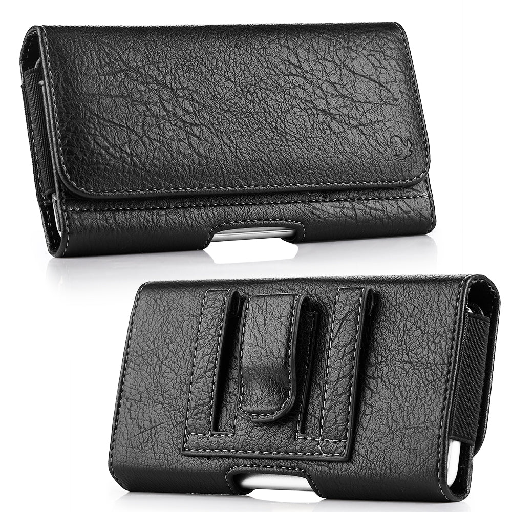 For Apple iPhone 16 Plus (6.7") Universal Horizontal Cell Phone Leather Pouch Holster Carrying Case with Credit Card Slots & Belt Clip Loop Size 7" [Black]