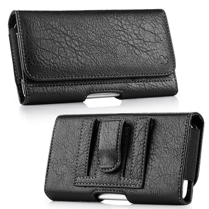 For Apple iPhone 16 Plus (6.7") Universal Horizontal Cell Phone Leather Pouch Holster Carrying Case with Credit Card Slots & Belt Clip Loop Size 7" [Black]