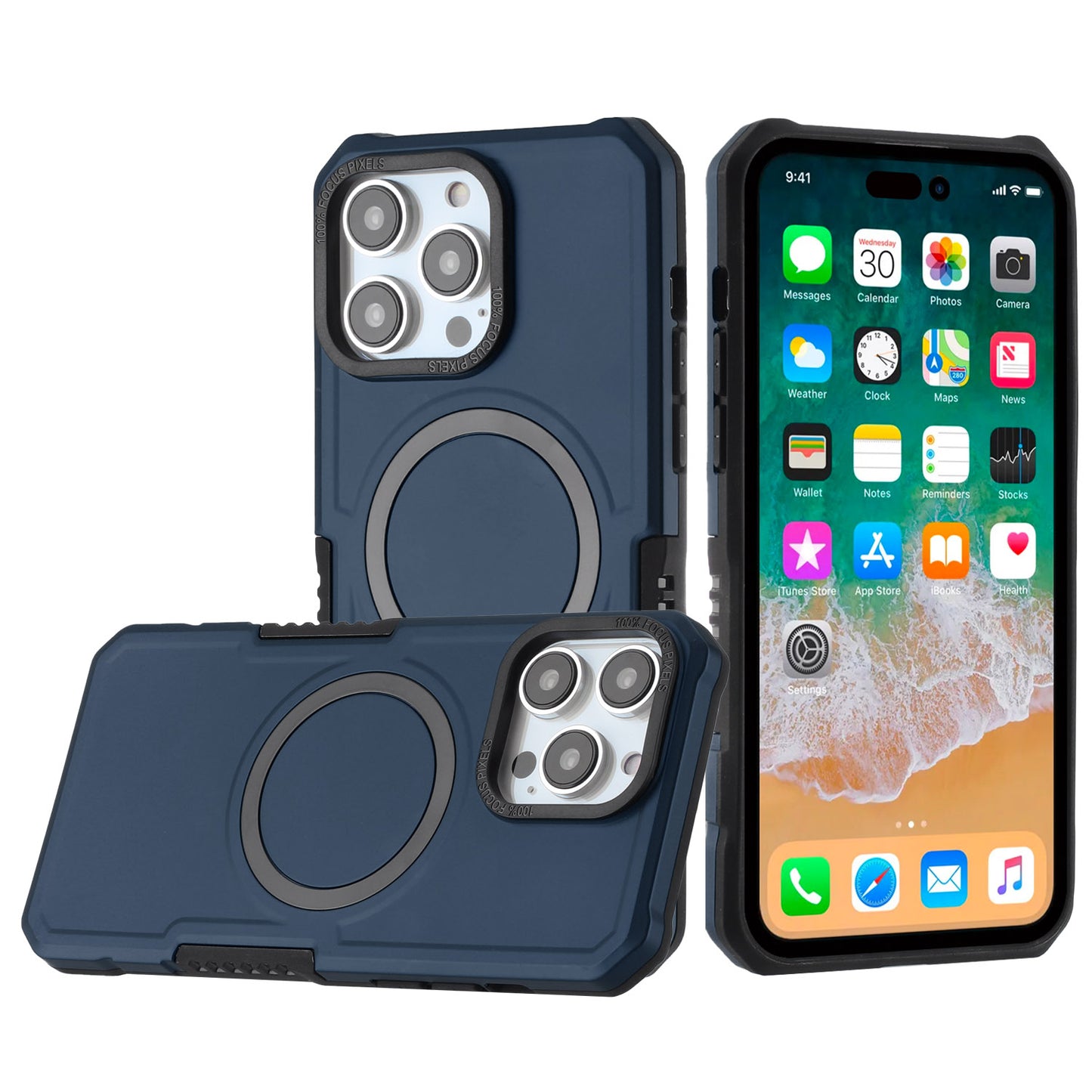 For Apple iPhone 16 (6.1") Hybrid Armor Grip Metal Ring Compatible with MagSafe [Magnetic Circle] Wireless Charging Shockproof Case Cover