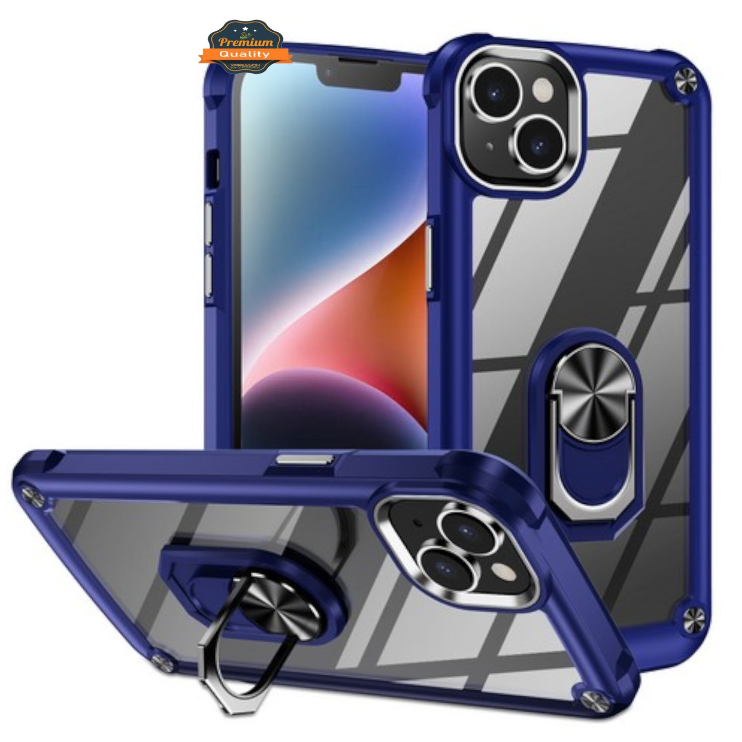 For Apple iPhone 15 Pro Max (6.7") Clear Transparent Hybrid with 360° Magnetic Ring Stand PC Heavy Duty Shockproof  Phone Case Cover