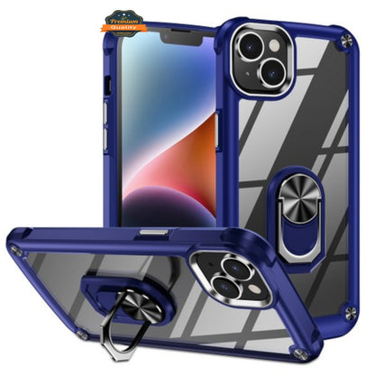 For Apple iPhone 15 Pro Max (6.7") Clear Transparent Hybrid with 360° Magnetic Ring Stand PC Heavy Duty Shockproof  Phone Case Cover