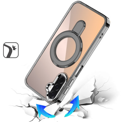 For Samsung Galaxy S25 Fan Edition /Galaxy S25 FE Chrome Hybrid with Rotating Magnetic Circle Ring Stand, Slim Shockproof Hybrid Case Cover Black