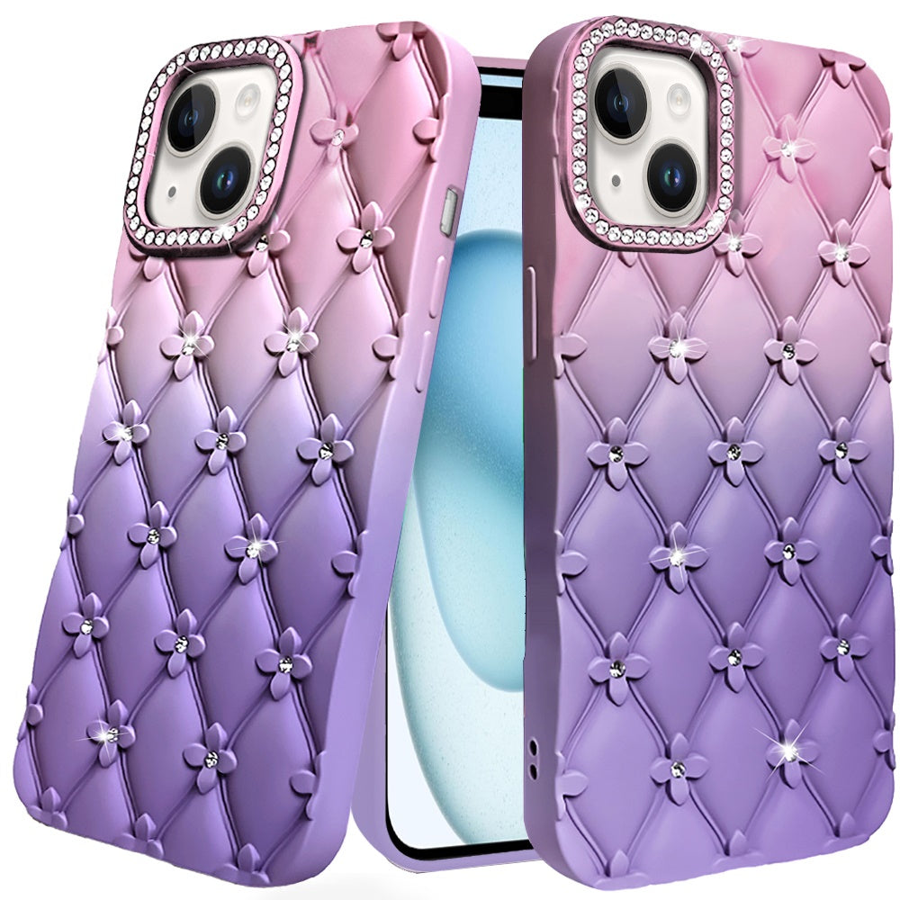 For Apple iPhone 11 Fashion Flower Design Sparkle Glitter Shimmer Rhinestone Bling Floral Accents, Leather Texture TPU Case Cover Light Pink /Light Purple