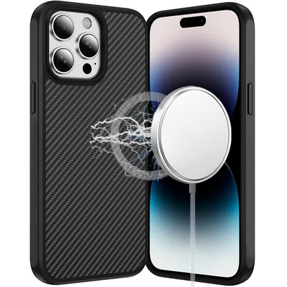 For Apple iPhone 14 Pro Max Carbon Fiber Design with Magnetic HQ 2.0mm Thick Hybrid Shockproof Rubber Hard PC Case Cover Black