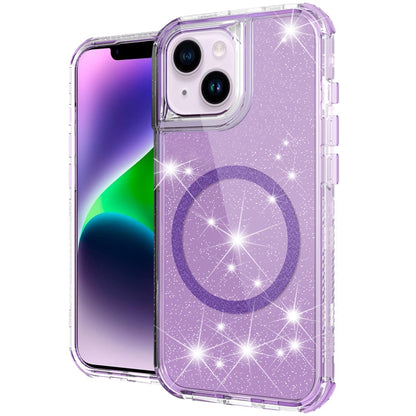 For Apple iPhone 14 / iPhone 13 (6.1") Magnetic Ring Circle Glitter Bling Sparkle 3in1 Hybrid [Compatible with Magsafe] Clear Shockproof Case Cover