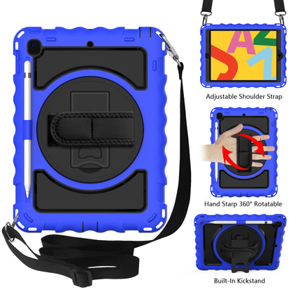 For Hybrid 3in1 Armor Rugged with Built-in Kickstand 360° Rotatable Stand & Shoulder Hand Strap Corner Shockproof Blue Tablet Case Cover