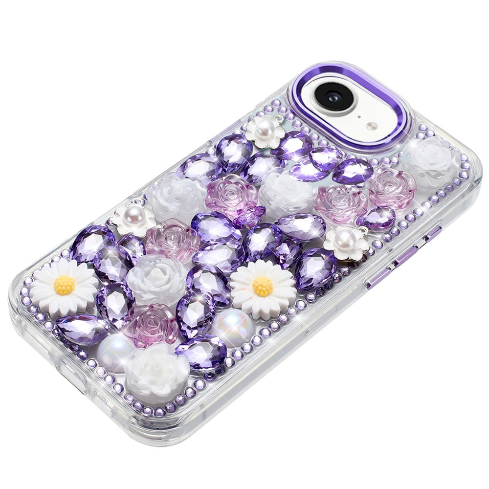 For Apple iPhone 16e Fashion Daisy Floral Series, Full 3D Bling Crystal Diamonds Sparkling Rhinestone Glitter Hybrid Design Case Cover