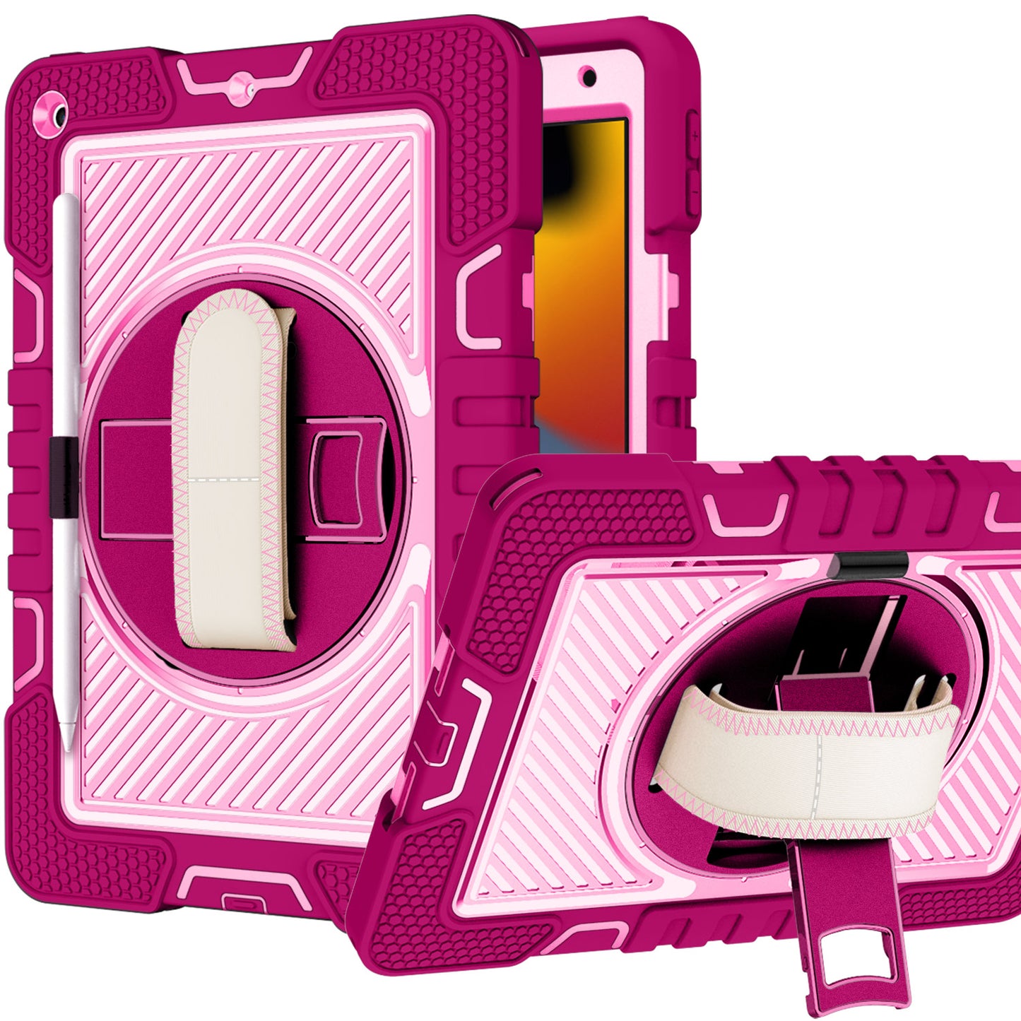 For Hybrid 3in1 Multi-Functional Shockproof Tablet Case with Hand, Shoulder Strap, Pencil & Stand Holder Rose Pink Tablet Case Cover