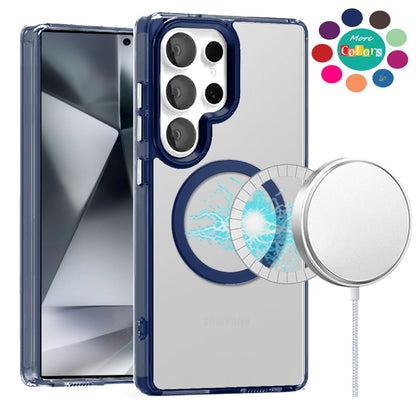 For Samsung Galaxy A17 5G Transparent Back Hybrid Case - Magnetic Circle, Color Frame, Metal Buttons, MagSafe Compatible Case Cover