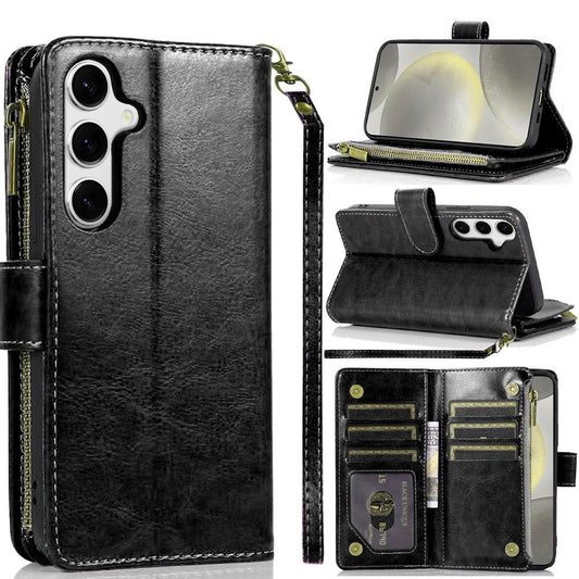 For Samsung Galaxy S25+ /S25 Plus /S24+ Plus Leather Wallet Case with Zipper, 9 Card Slots, Cash Pocket, Stand & Strap, Clutch Pouch Design Case Cover Black