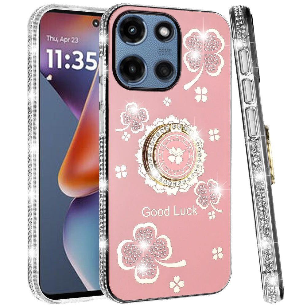 For Motorola Moto G Stylus 5G 2025 Diamonds Bling All Around Edges Sparkly Glitter Hybrid with Ring Stand Holder Fashion Good Luck Case Cover