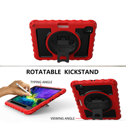 For Hybrid 3in1 Armor Rugged with Built-in Kickstand 360° Rotatable Stand & Shoulder Hand Strap Corner Shockproof Red Tablet Case Cover