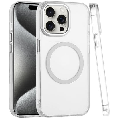 For Apple iPhone 15 Pro Max Transparent Back Hybrid Case - Magnetic Circle, Color Frame, Metal Buttons, MagSafe Compatible Case Cover