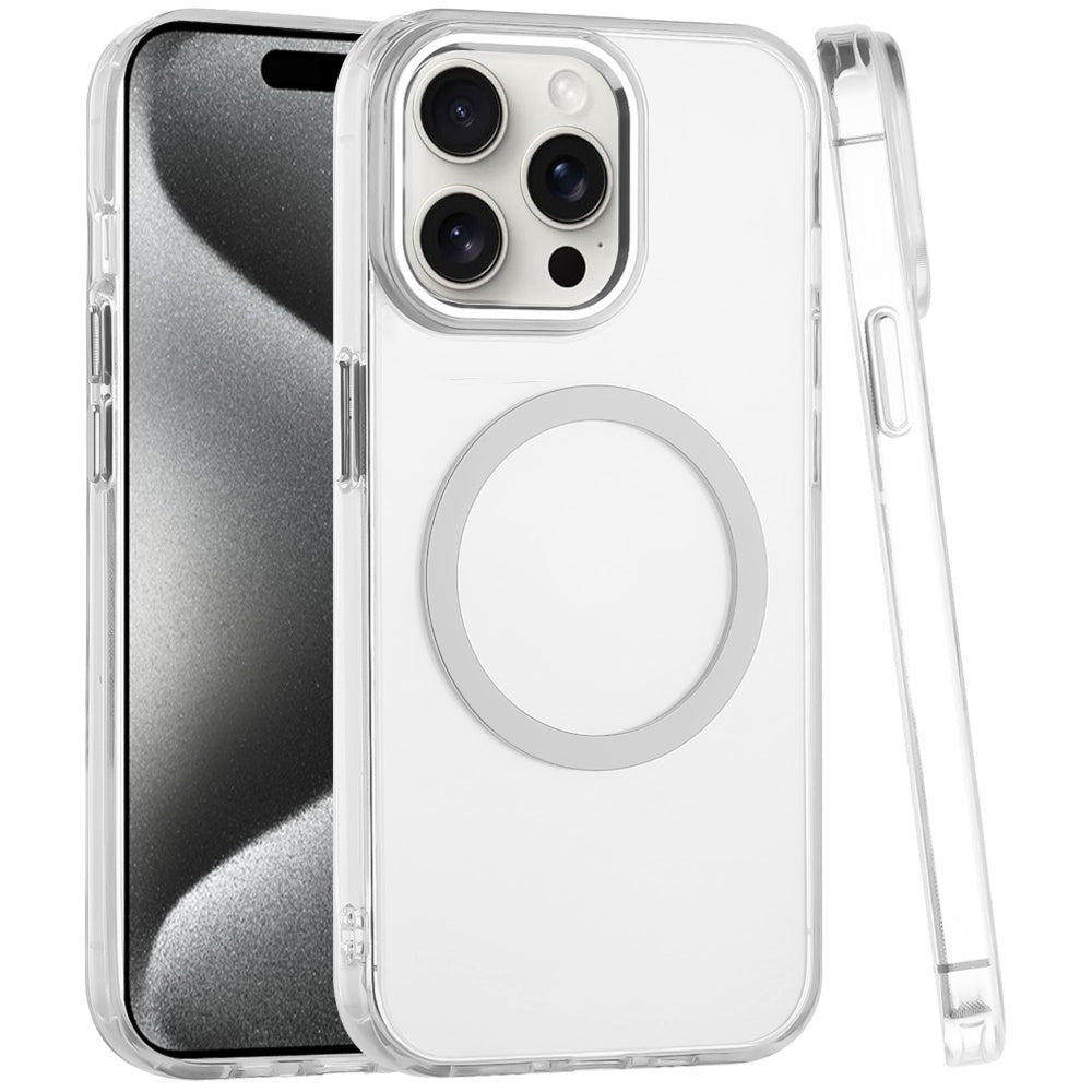 For Apple iPhone 14 Pro Max Transparent Back Hybrid Case - Magnetic Circle, Color Frame, Metal Buttons, MagSafe Compatible Case Cover