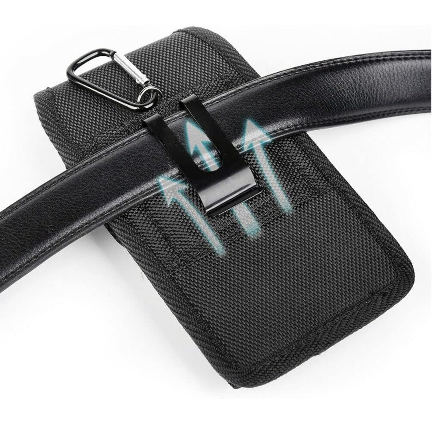 For Apple iPhone 16 Pro (6.3") Vertical Nylon Canvas Holster Universal Cell Phone Pouch Velcro Closure with Credit Card Slot & Belt Clip Loop Carabiner [Black]