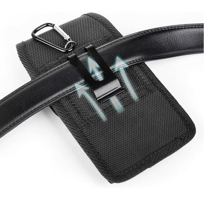 For Apple iPhone 16 Pro (6.3") Vertical Nylon Canvas Holster Universal Cell Phone Pouch Velcro Closure with Credit Card Slot & Belt Clip Loop Carabiner [Black]