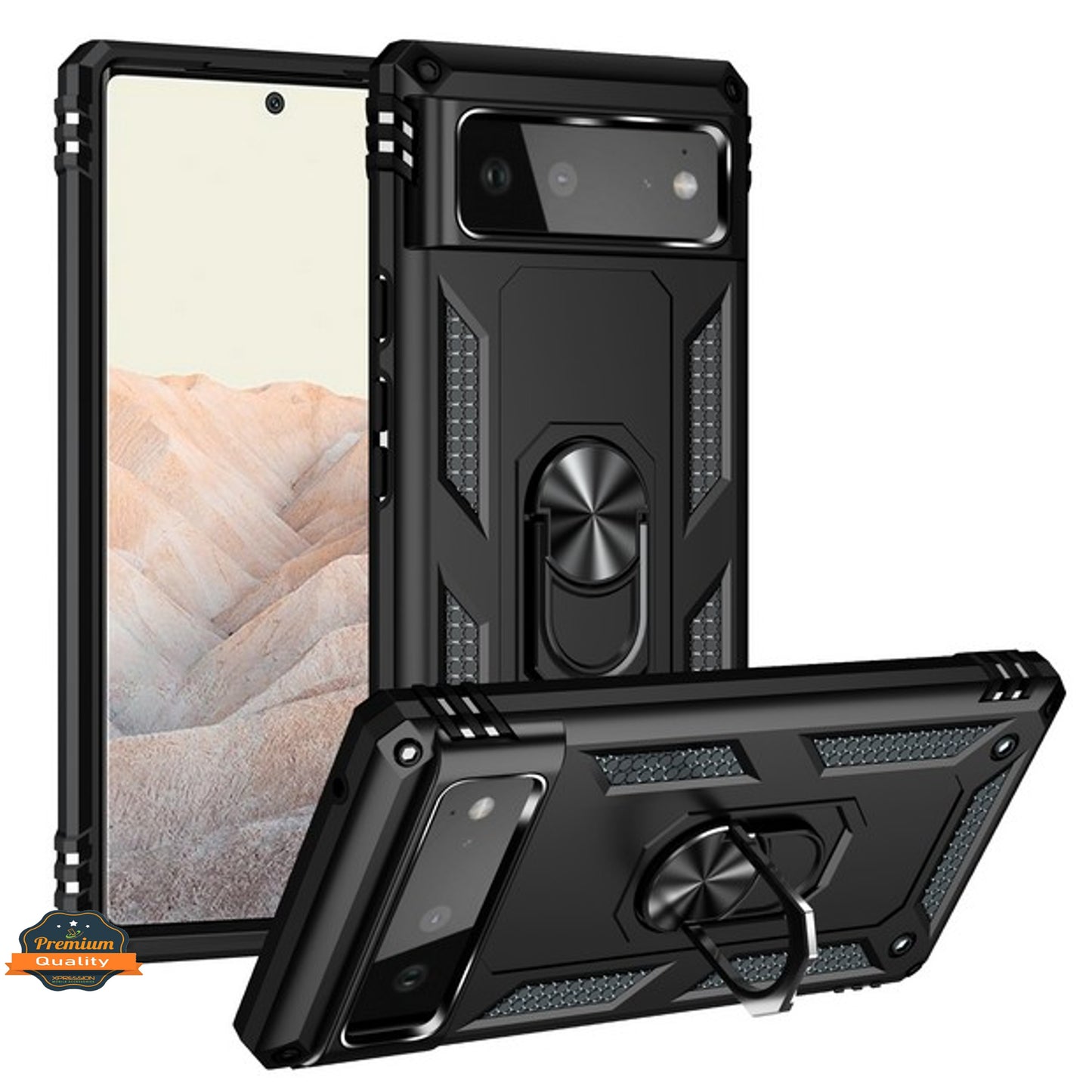 For Google Pixel 6A Shockproof Hybrid Dual Layer PC + TPU with Ring Stand Metal Kickstand Heavy Duty Armor Shell Case Cover
