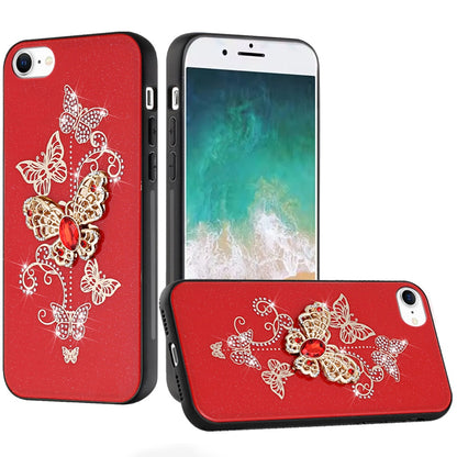 For Apple iPhone 16e Diamonds 3D Butterfly Bling Sparkly Glitter Ornaments Engraving Hybrid Metal Fashion Case Cover Red Garden Butterflies