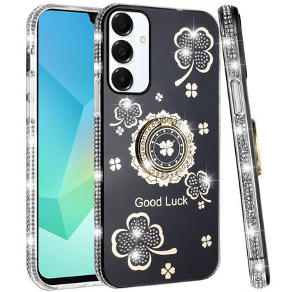 For Samsung Galaxy A16 5G Diamonds Bling All Around Edges Sparkly Glitter Hybrid with Ring Stand Holder Fashion Good Luck Case Cover