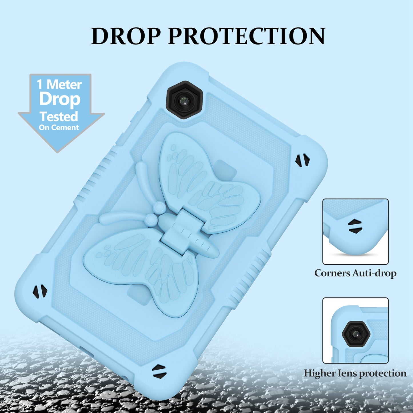 For Butterfly Wings Kickstand 3in1 Tough Hybrid with Pencil Holder Heavy Duty Rugged Shockproof Full Protective Light Blue Tablet Case Cover