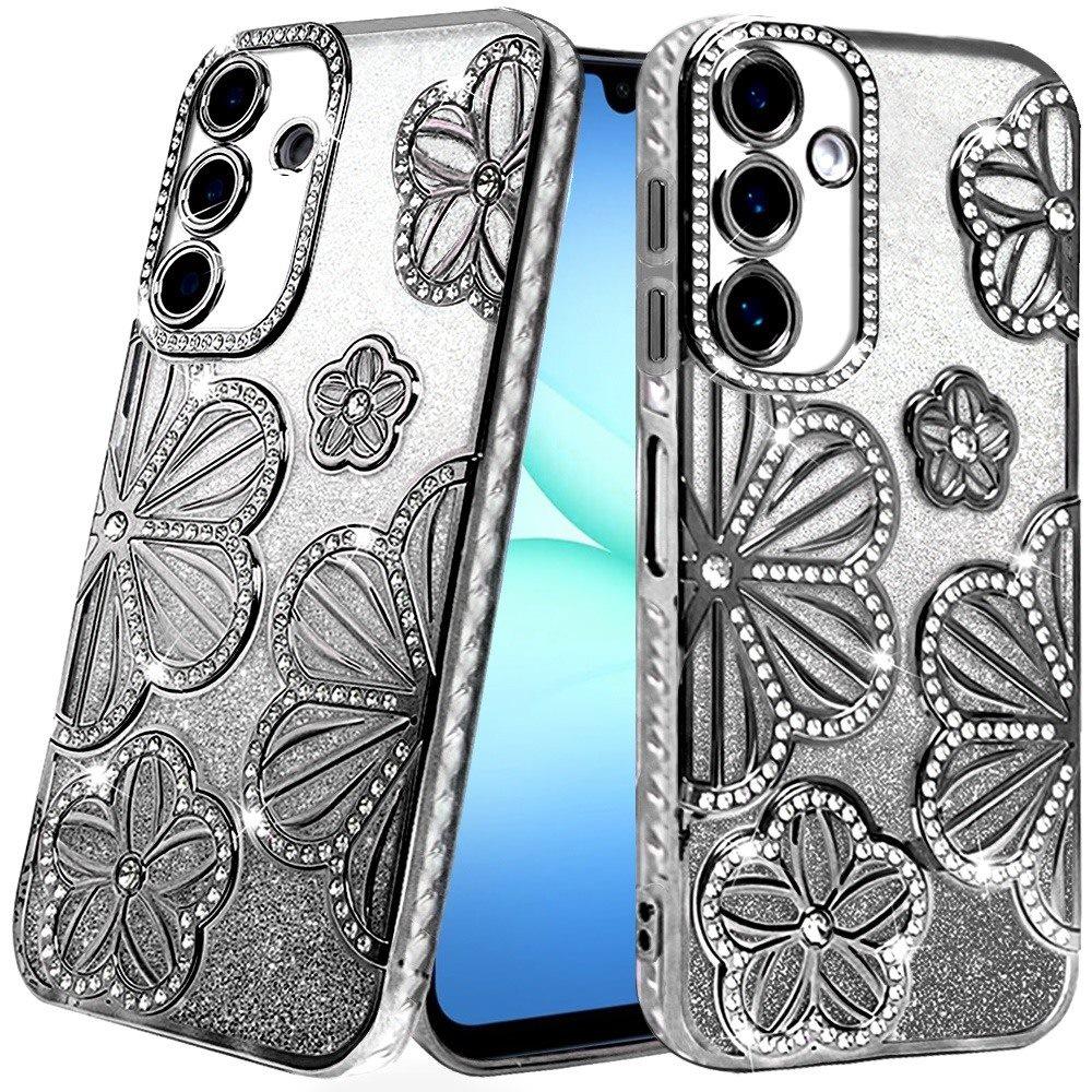 For Samsung Galaxy A17 5G Luxury Flower Design Sparkle Glitter Diamond Rhinestone Shimmer Bling Plating Thick TPU Hard PC Case Cover