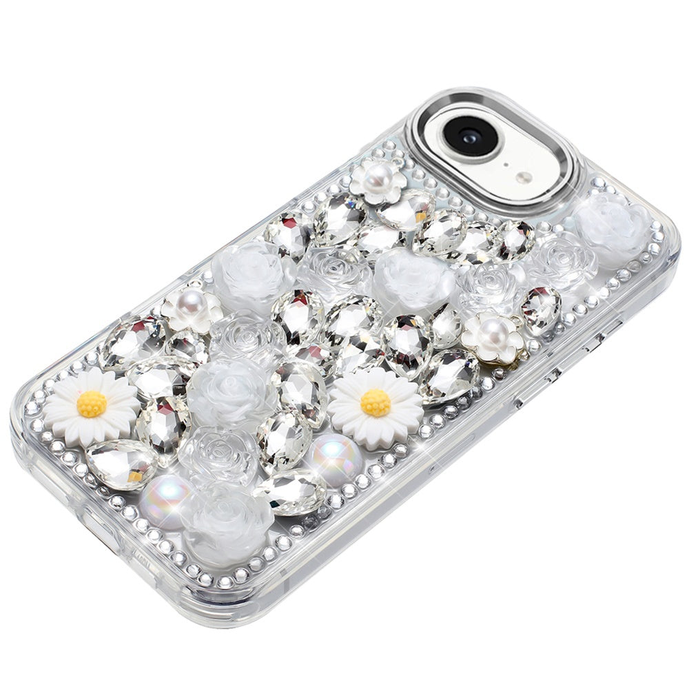 For Apple iPhone 16e Fashion Daisy Floral Series, Full 3D Bling Crystal Diamonds Sparkling Rhinestone Glitter Hybrid Design Case Cover