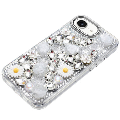 For Apple iPhone 16e Fashion Daisy Floral Series, Full 3D Bling Crystal Diamonds Sparkling Rhinestone Glitter Hybrid Design Case Cover