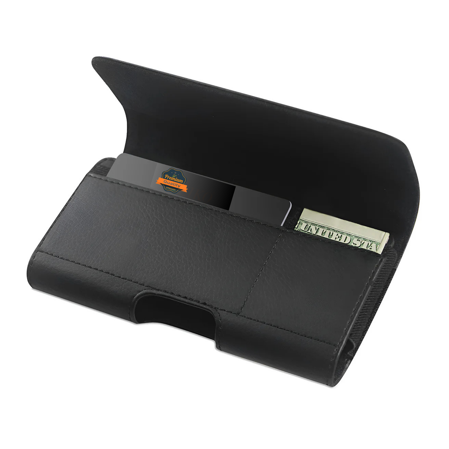 Universal Magnetic Leather Phone Pouch Case with Belt Clip, Card Slot Holder, Secure Magnetic Closure, Soft Lining Protection, Fits Most 5.2" - 5.5" Smartphones Case Cover Black