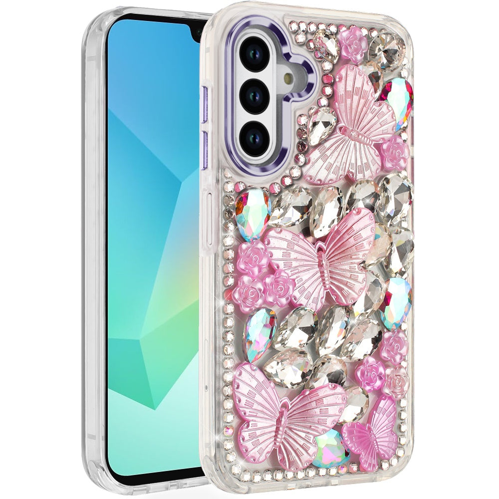 For Samsung Galaxy A16 3D Diamond Floral Butterfly Bling Stone Hybrid, Sparkly Rhinestone Gemstone Back Shockproof Case Cover
