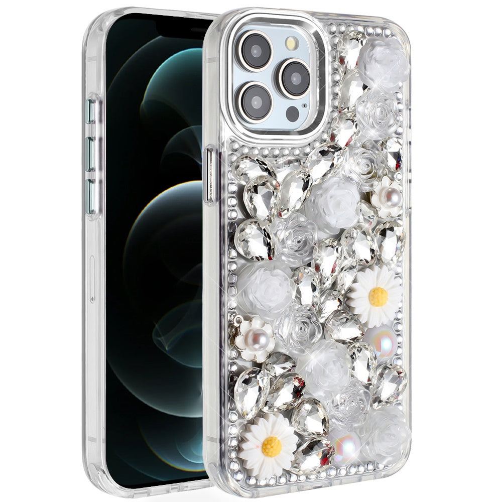 For Motorola Moto G Stylus 5G 2025 Fashion Daisy Floral Series, Full 3D Bling Crystal Diamonds Sparkling Rhinestone Glitter Hybrid Design Case Cover
