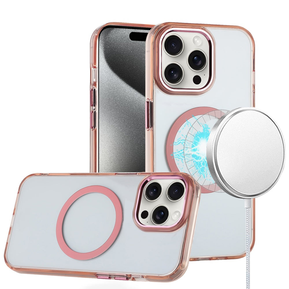 For Apple iPhone 15 Pro Max Transparent Back Hybrid Case - Magnetic Circle, Color Frame, Metal Buttons, MagSafe Compatible Case Cover