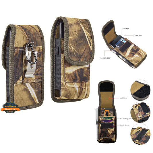 For Apple iPhone 16 (6.1") Vertical Camouflage Nylon Canvas Holster Universal Cell Phone Pouch Velcro Closure with Credit Card Slot & Belt Clip Loop Carabiner [Hunting Camo]