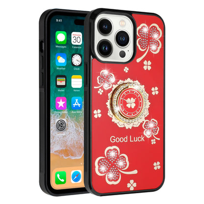 For Apple iPhone 16 Pro (6.3") Diamonds 3D Bling Sparkly Glitter Ornaments Engraving Hybrid Fashion Ring Stand Case Cover