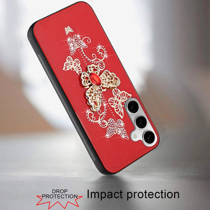 For Samsung Galaxy A36 Diamonds 3D Butterfly Bling Sparkly Glitter Ornaments Engraving Hybrid Metal Fashion Case Cover Red Garden Butterflies