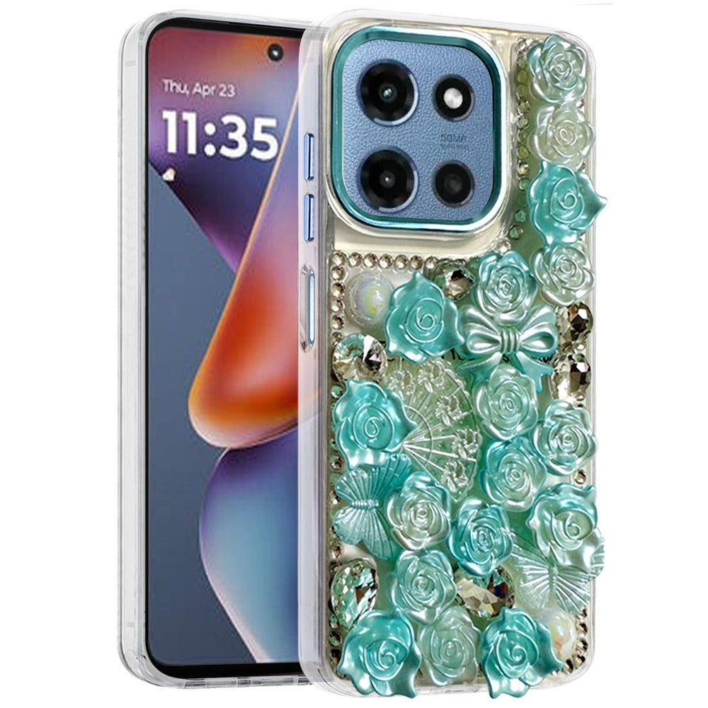 For Samsung Galaxy S25 Fan Edition /Galaxy S25 FE 3D Diamond Floral Roses Flower Bling Stone Hybrid, Sparkly Rhinestone Gemstone Back Shockproof Case Cover