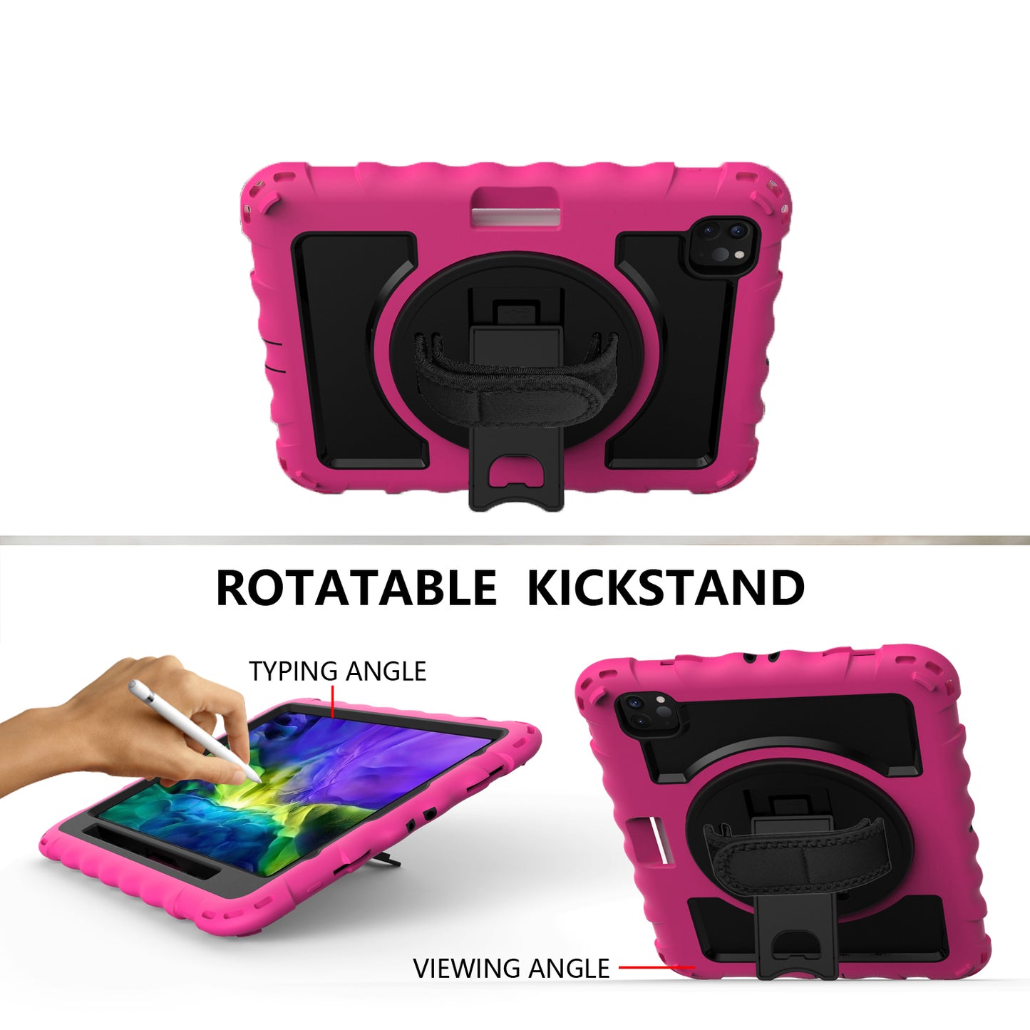 For Hybrid 3in1 Armor Rugged with Built-in Kickstand 360° Rotatable Stand & Shoulder Hand Strap Corner Shockproof Hot Pink Tablet Case Cover