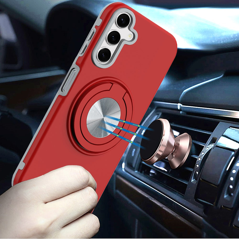 For Samsung Galaxy A17 5G Metal Matte Hybrid with Invisible Rotational Ring Stand, Car Mount Friendly, Military Grade Slim Fit Sturdy Case Cover Red