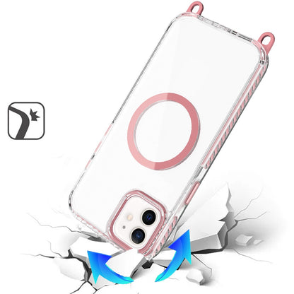 For Apple iPhone 16 (6.1") Clear Magnetic Frame PC Back Shockproof Protective Case with Detachable Lanyard Strap, Compatible with MagSafe Case Cover