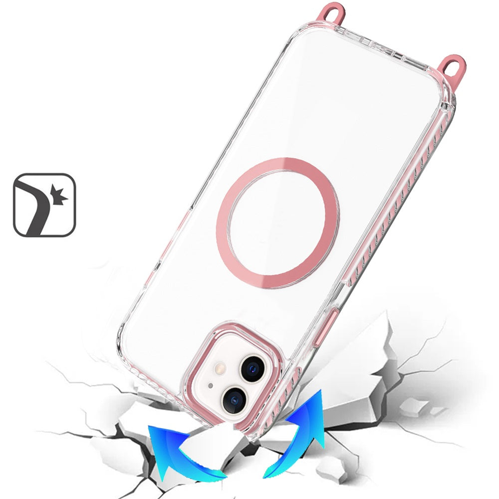 For Apple iPhone 14 /13 Clear Magnetic Frame PC Back Shockproof Protective Case with Detachable Lanyard Strap, Compatible with MagSafe Case Cover