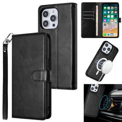 For Apple iPhone 16 Plus (6.7") Deattachable PU Leather Hybrid Wallet Money Credit Card Holder Support Magsafe Charger Case Cover Black