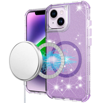 For Apple iPhone 14 / iPhone 13 (6.1") Magnetic Ring Circle Glitter Bling Sparkle 3in1 Hybrid [Compatible with Magsafe] Clear Shockproof Case Cover