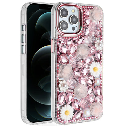 For Apple iPhone 15 Fashion Daisy Floral Series, Full 3D Bling Crystal Diamonds Sparkling Rhinestone Glitter Hybrid Design Case Cover Pink