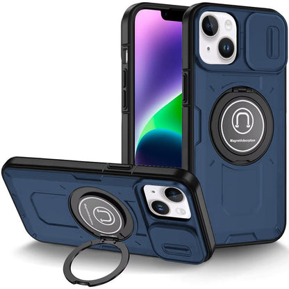 For Apple iPhone 15 Build in Invisible Magnetic Ring Stand with Slide Camera Protector, fit Magnetic Car Mount [Compatible with MagSafe] Case Cover