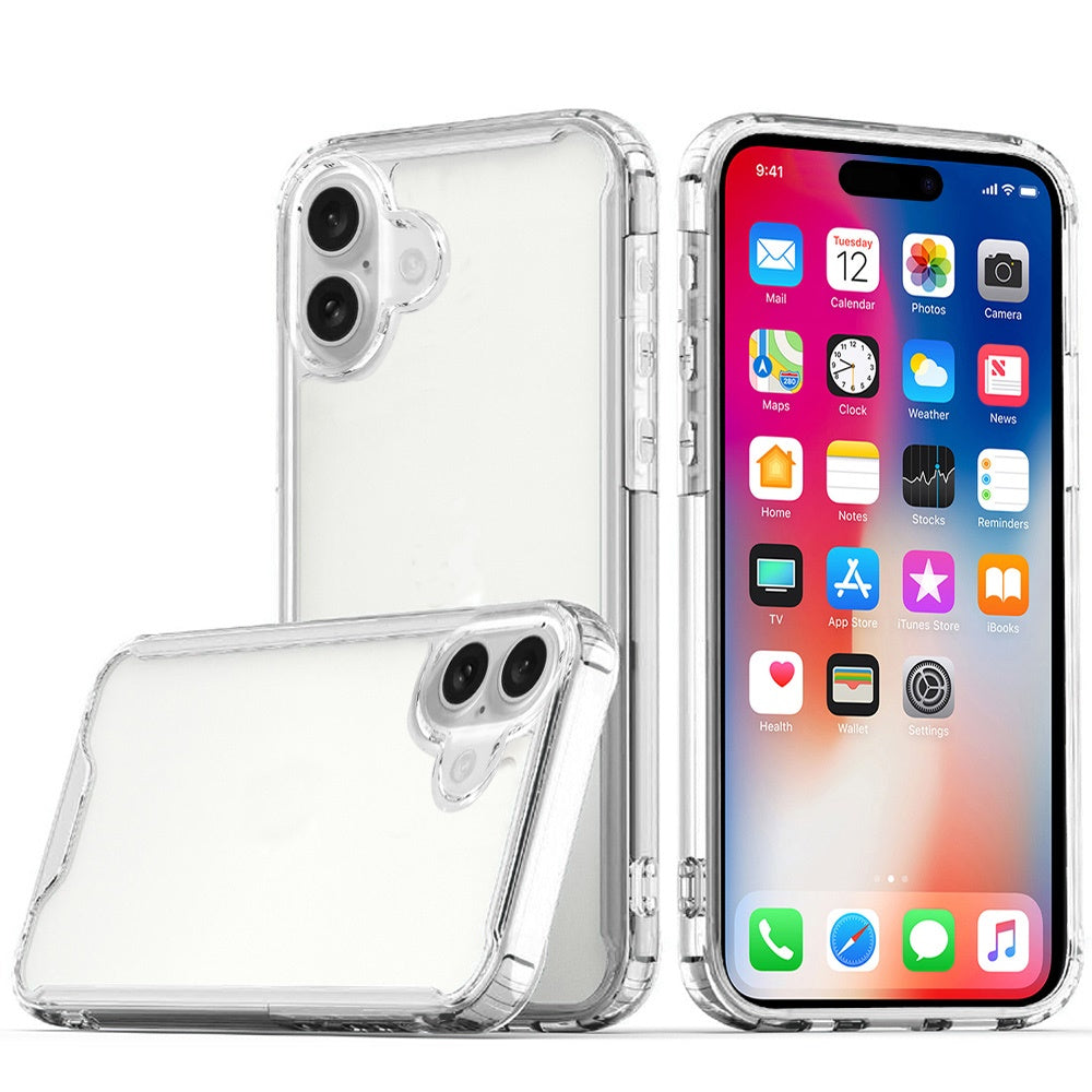 For Apple iPhone 16 (6.1") Clear Colored Shockproof Transparent Hard PC + Rubber TPU Hybrid Bumper Shell Slim Case Cover Clear