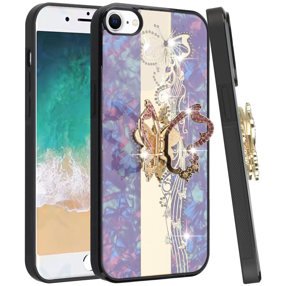 For Apple iPhone SE 4 Diamonds 3D Butterfly Bling Sparkly Glitter Ornaments Engraving Hybrid with Stand Fashion Case Cover Enchanted Butterfly Purple