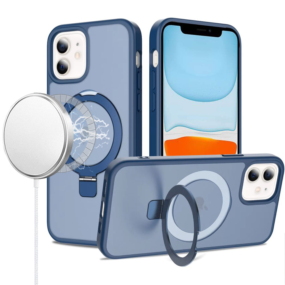 For Apple iPhone 11 Magnetic Circle Back with Ring Stand Full Rotation Matte Hybrid Shockproof Case Cover Blue